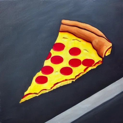 Image similar to slice of pizza on a street in new york city, oil painting, very detailed, trending on artistation, desaturated, 4 k