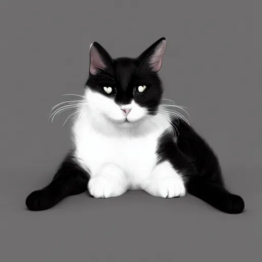 Image similar to black and white cat on a bed, black lower jaw, digital art, artstation, 8K, high quality, hyperdetalied,