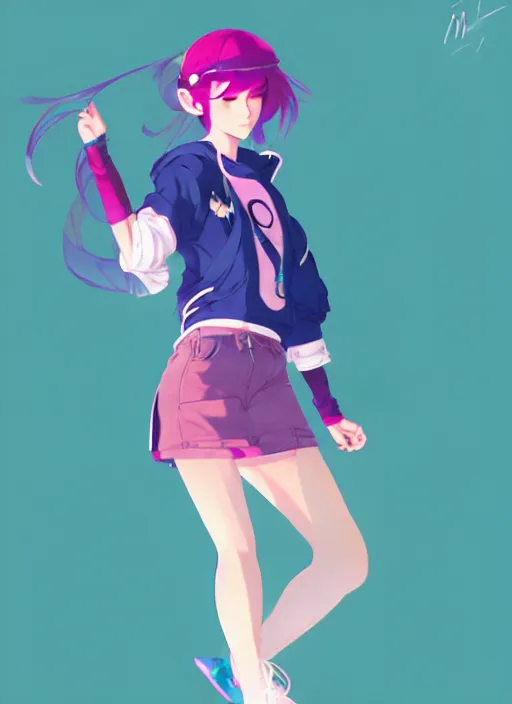 Image similar to female character inspired by 9 0's fashion and by madeline from celeste, art by rossdraws, wlop, ilya kuvshinov and makoto shinkai