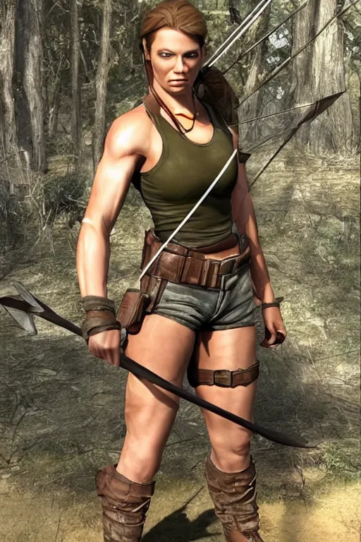 Image similar to muscular laura croft hold bow and arrow