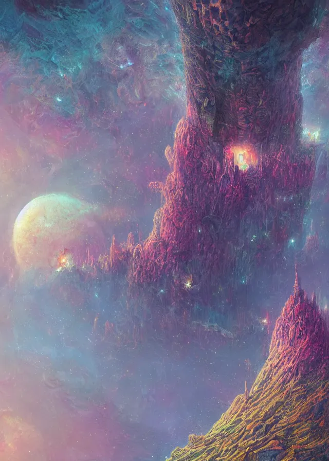 Image similar to an ultra detailed midjourney concept digital art painting of a flying island castle city, towers levitating across space in an iridescent nebula by paul lehr kazumasa uchio situated in a starry expanse of bioluminescent cosmic worlds by beksinski and beeple, ecological art, sharp details, floating citadel with towers, trending on artstation