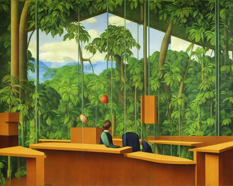 Prompt: a modernist courtroom in the rainforest by raphael, hopper, and rene magritte. detailed, proportional, romantic, vibrant, enchanting, achingly beautiful, graphic print, trending on artstation, jungle, tropical, foliage, flowering, blooming