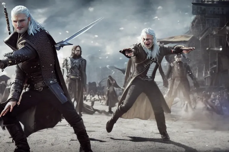 Image similar to vfx movie closeup suave handsome grinning vampire with long white hair, trench coat, dual wielding large revolvers, leaping into the air, low gravity in a shattered reality of new york city, cool aviators witcher show and game of thrones in new york by emmanuel lubezki