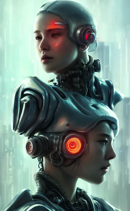 Image similar to a hyper detailed octane render concept art by xision wu, kerem beyit, sandara tang portrait of cyberpunk cyborg, dim lighting, detailed portraits, unreal engine 5, highly rendered,, digital painting, artstation, concept art, smooth, sharp focus perfect horizontal ， symmetry illustration, detailed and intricate environment artstation hq