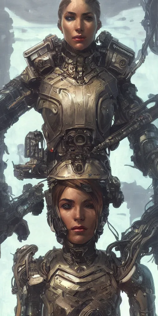 Prompt: scifi character portrait Painting of a futuristic captain, warhammer , dystopian mood, intricate, wild, highly detailed, digital painting, artstation, concept art, smooth, sharp focus, illustration, art by artgerm and greg rutkowski, and alphonse mucha