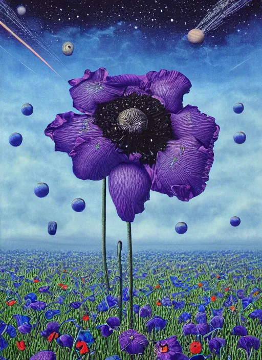 Image similar to detailed, intricate blue black and purple papaverum flower on the field, nebula, galaxy in the sky, winning award masterpiece, fantastically beautiful, illustration, aestheticly inspired, jacek yerka, upscale with anguissola sofonisba work, artstation, 8 k