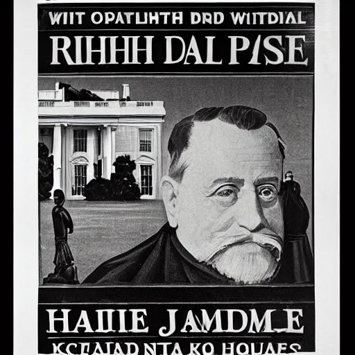 Prompt: richard d james poster on the wall of the white house