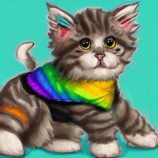 Image similar to wide angle full body, of a fluffy cute rainbow kitten wearing a black leather motorcycle jacket, concept art