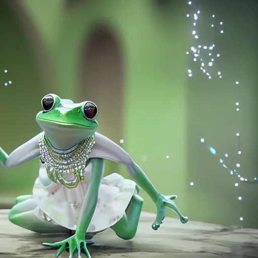 Image similar to a beautiful princess frog, in a dress, posing for a photo, cute, beautiful, girl, attractive, cinematic lightning, 8 k, octane render, matte painting,