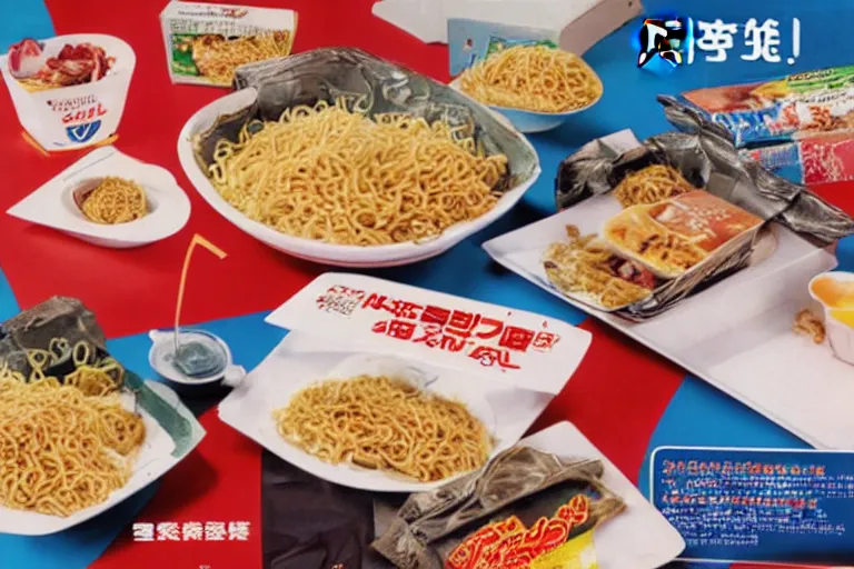 Prompt: mcdonald's yakisoba meal, in 1 9 9 5, y 2 k cybercore, advertisement photo