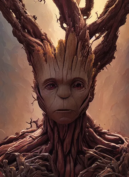 Prompt: Portrait of Groot, marvel comics, dark, intricate, highly detailed, smooth, artstation, digital illustration by Ruan Jia and Mandy Jurgens and Artgerm and Wayne Barlowe and Greg Rutkowski and Frank Frazetta