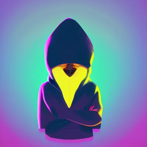 Image similar to penguin in hoodie, portrait, vaporwave, synthwave, neon, vector graphics, cinematic, volumetric lighting, f 8 aperture, cinematic eastman 5 3 8 4 film, photorealistic