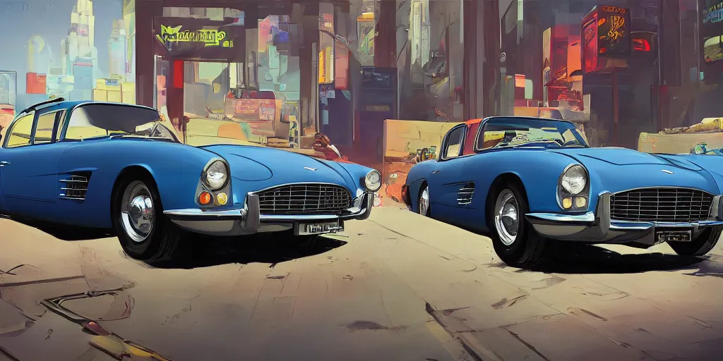 Prompt: art style by Ben Aronson and Edward Hopper and Syd Mead, wide shot view of the Cyberpunk 2077, on ground level. full view of the hybrid design between Aston Martin DB4 1958, Corvette C2 1969, and Mercedes-Benz 300sl 1955 with wide body kit modification and dark pearlescent holographic paint.