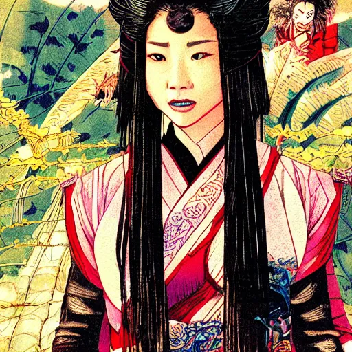 Prompt: portrait of miao yin from big trouble in little china, symmetrical, by yoichi hatakenaka, masamune shirow, josan gonzales and dan mumford, ayami kojima, takato yamamoto, barclay shaw, karol bak, yukito kishiro