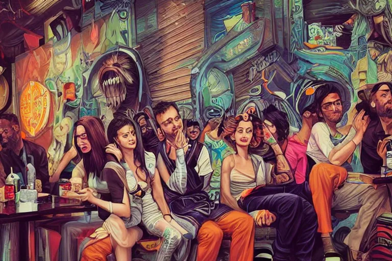 Image similar to Drunks people in bar, Tristan Eaton, victo ngai, artgerm, RHADS, ross draws