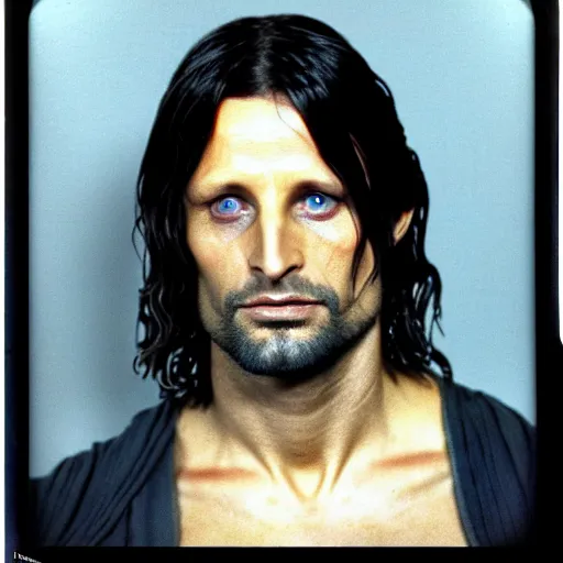 Image similar to Aragorn, from lord of the rings, gets arrested for stealing the one ring, 1980s Polaroid photo-journalism flash photography, Medium close-up