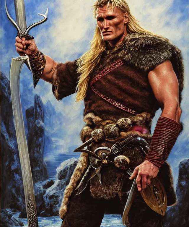 Image similar to a ( fantasy comic ) ( cover art ) portrait of ( dolph lundgren ) as a ( viking warlord ) pointing his sword at the viewer, oil painting by charles moll and don maitz and serhiy krykun and artgerm, photorealistic, d & d, highly detailed!, hd, 4 k, trending on artstation