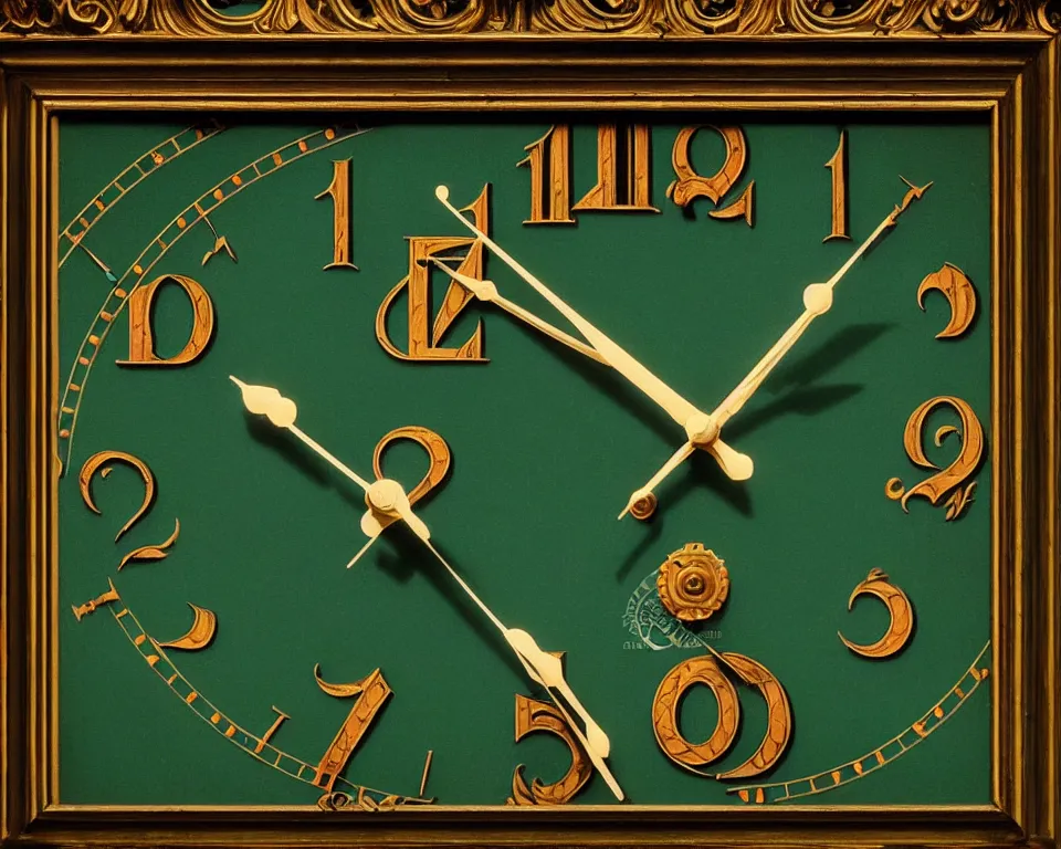 Image similar to an achingly beautiful print of hundreds of ornate clocks on a dark green wall by Raphael, Hopper, and Rene Magritte. detailed, romantic, enchanting, trending on artstation.