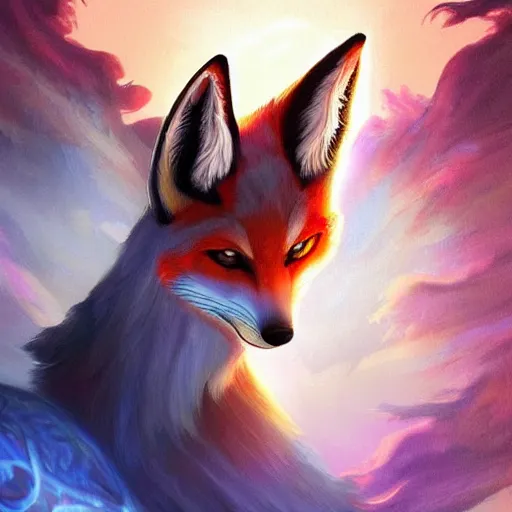 Image similar to a painted avatar portrait of an awesome powerful humanoid kitsune fox mage themed around life and death, in the style of dnd beyond avatar portraits, beautiful, artistic, elegant, lens flare, magical, lens flare, nature, realism, stylized