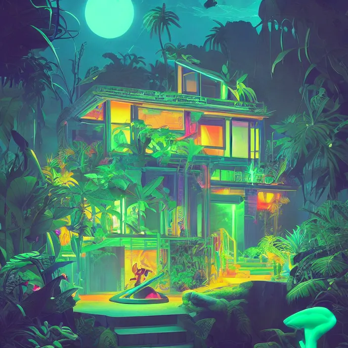 Prompt: a bioluminescent neon tropical cottage by paolo eleuteri serpieri and tomer hanuka and chesley bonestell and daniel merriam and tomokazu matsuyama, unreal engine, high resolution render, featured on artstation, octane, 8 k, highly intricate details, vivid colors, vector illustration