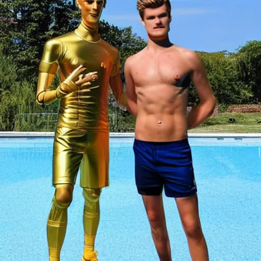 Image similar to a realistic detailed photo of a guy who is an attractive humanoid who is half robot and half humanoid, who is a male android, soccer players martin ødegaard & timo werner, shiny skin, posing like a statue, blank stare, by the pool, on display, showing off his muscles, gold soccer shorts, no jersey, statue, many copies of them