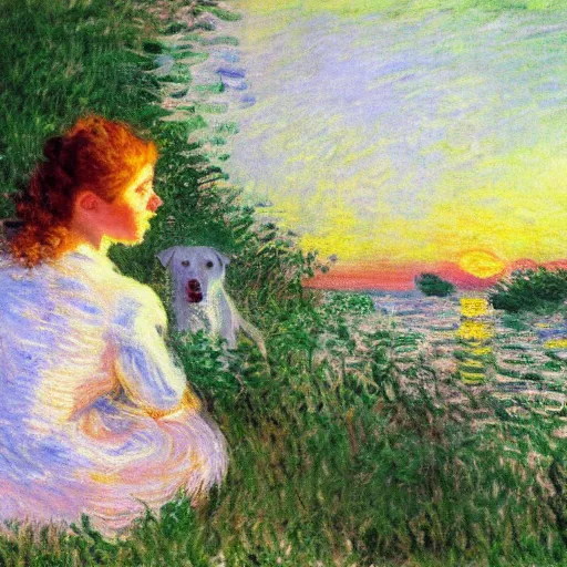 Image similar to girl with curly blonde hair sits next to her white pitbull, sitting on a riverbank watching the sunset, painting by monet