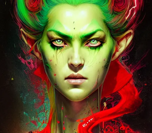 Image similar to a Demon Slayer portrait of Upper Six rank Daki , tall, pale-skinned, and slender woman with lime green eyes and long eyelashes by Stanely Artgerm,Tom Bagshaw,arthur adams,Carne Griffiths,trending on DeviantArt,street art,face enhance,chillwave,maximalist,full of color,glittering