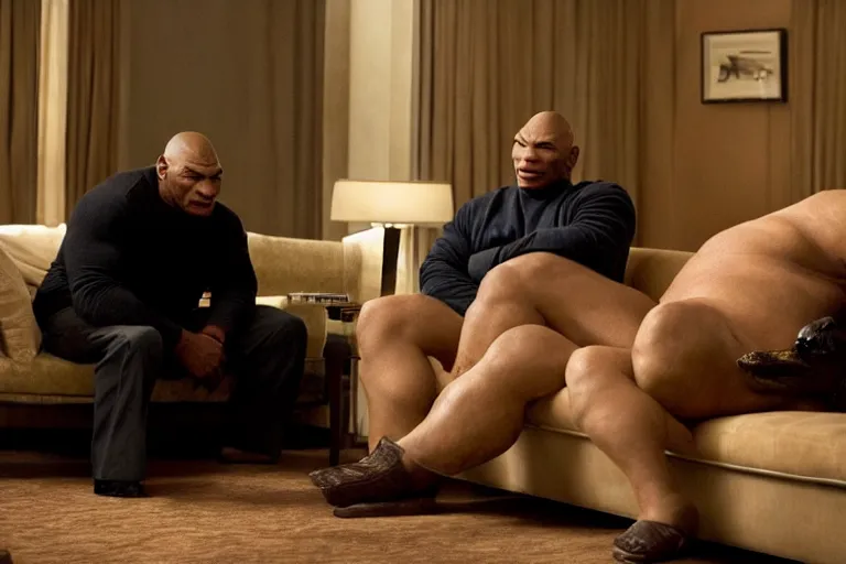 Image similar to a giant toad sitting with mike tyson in a large clean hotel room, on a couch, movie directed by martin scorsese and christopher nolan, masterpiece, 8 h