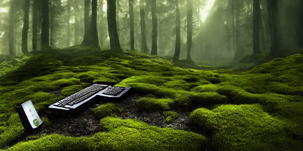 Prompt: keyboard engulfed by moss, by James Gurney, John Harris, first-person view, Volumetric lighting, dramatic lighting, photorealistic, cinematic lighting, high detail, cinematic feel, high octane, 4K, Unreal Engine, digital render, intricate, ultra realistic, concept art