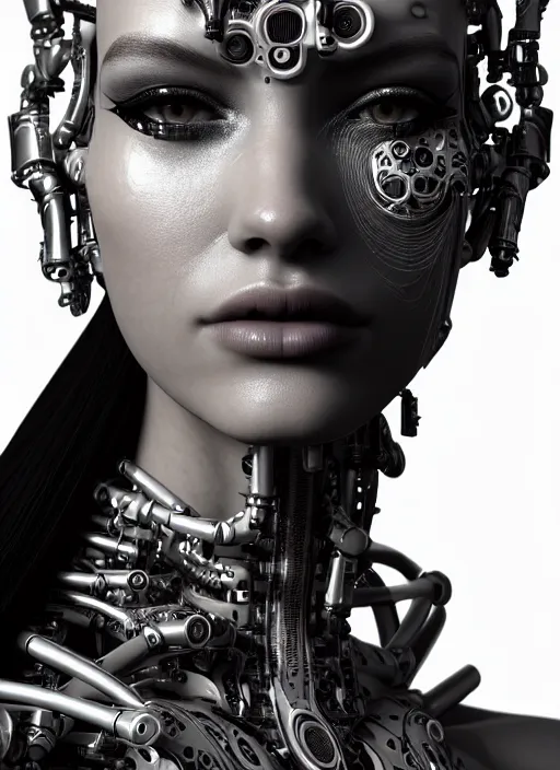 Image similar to a stunning young female cyborg profile face, face is made intricate tribal bio - mechanical, bw, unreal engine, glamor shot, nikon d 7 5 0, closeup, f / 2. 8, low contrast, 1 6 k, rim lighting, optical fiber, cinematic lighting, insanely detailed and intricate, hypermaximalist, elegant, ornate, hyper realistic,