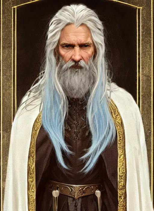 Image similar to medium - length portrait of a male wizard wreathed in arcane sigils with long white hair and glowing blue eyes, long white beard, dark brown skin, stern expression, wears a long robe, medieval setting, highly detailed, digital painting, artstation, concept art, sharp focus, illustration, art by greg rutkowski and alphonse mucha