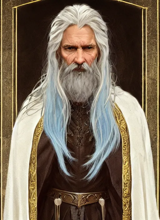 Prompt: medium - length portrait of a male wizard wreathed in arcane sigils with long white hair and glowing blue eyes, long white beard, dark brown skin, stern expression, wears a long robe, medieval setting, highly detailed, digital painting, artstation, concept art, sharp focus, illustration, art by greg rutkowski and alphonse mucha