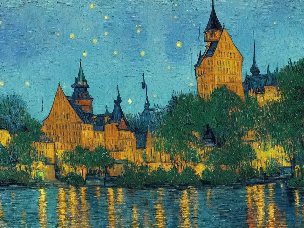 Image similar to trending on artstation, a beautiful German castle next to a river during sunset, oil on canvas, in the style of Vincent van Gogh