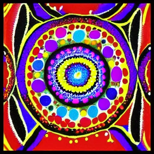 Prompt: dreamtime, aboriginal dot painting, vibrant colors