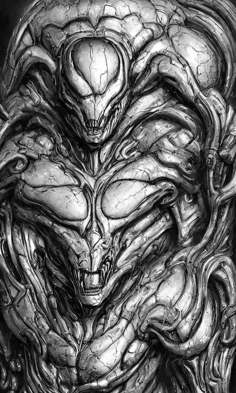 Image similar to engineer prometheus face by Artgerm, xenomorph alien, highly detailed, symmetrical long head, smooth marble surfaces, detailed ink illustration, raiden metal gear, cinematic smooth stone, deep aesthetic, concept art, post process, 4k, carved marble texture and silk cloth, latex skin, highly ornate intricate details, prometheus, evil, moody lighting, hr geiger, hayao miyazaki, indsutrial Steampunk