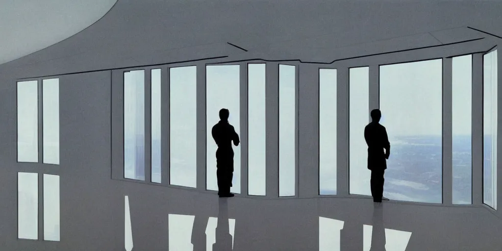 Image similar to 2001: A Space Odyssey, empty lobby, view of Earth through large window, by Ralph McQuarrie