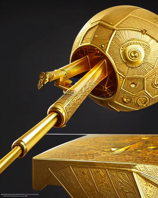 Image similar to A ping pong launcher weapon, highly detailed, intricate gold patterns, sharp focus, art by Artgerm and Greg Rutkowski and WLOP