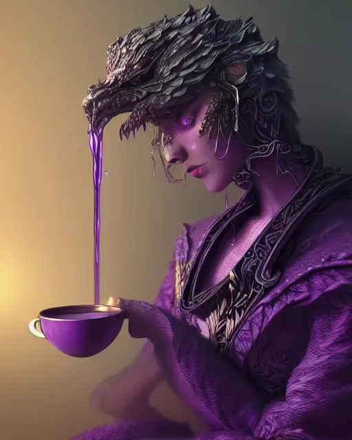 Image similar to cup of codeine, purple liquid in cup glowing, fantasy, dramatic, intricate, elegant, highly detailed, digital painting, artstation, concept art, smooth, sharp focus, illustration, art by Gustave Dore, octane render