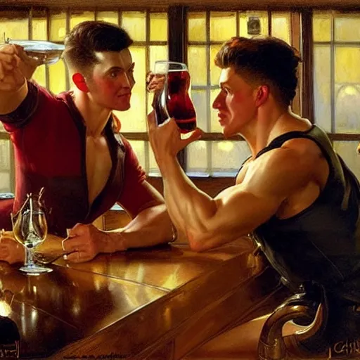 Image similar to drinking their hearts out, in a pub. pants, attractive muscular male with red hair and attractive muscular male with black hair. very defined and highly detailed painting by j. c. leyendecker, gaston bussiere, craig mullins 8 k