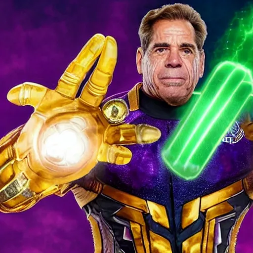 Image similar to nick saban as thanos with the gauntlet and infinity stones, championship rings, alabama, crimson tide, portrait, high detail