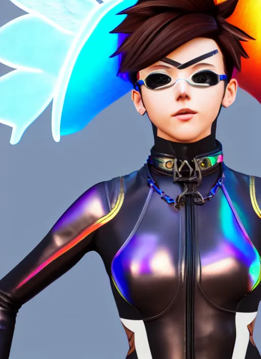 Image similar to portrait bust digital artwork of tracer overwatch, wearing iridescent rainbow latex and leather straps catsuit outfit, 4 k, expressive happy whistling face, makeup, in style of mark arian, angel wings, wearing detailed leather collar, chains, black leather harness, detailed face and eyes,