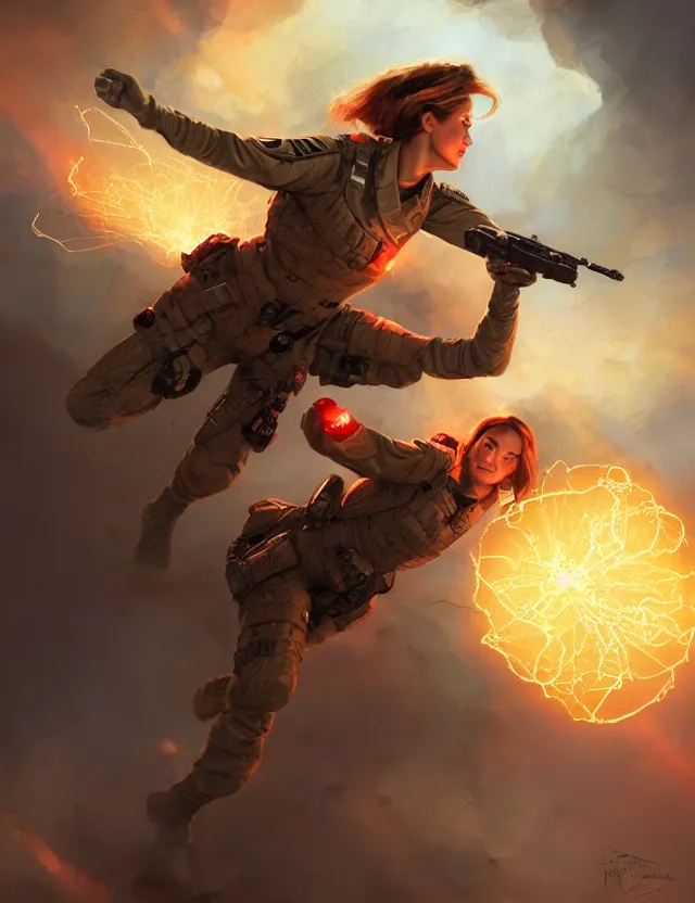 Image similar to a brown - haired woman in a military uniform hovering in the air glowing with red light and crackling energy, by frank fazetta and peter mohrbacher, trending on artstation, digital art, 4 k resolution, detailed, high quality, sharp focus, hq artwork, coherent, insane detail, concept art, character concept, character full body portrait