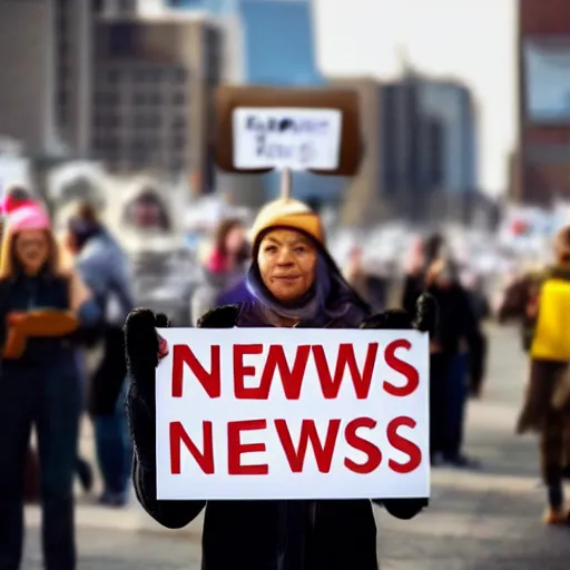 Image similar to a person holding a sign that says, news