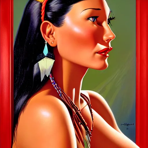 Image similar to portrait of a beautiful pocahontas, expressive pose, symmetrical face, shiny lips, highly detailed, digital painting, smooth, sharp focus, by gil elvgren