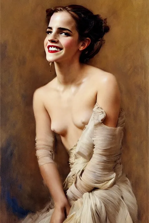 Image similar to emma watson smiling laughing alexander mcqueen gathered faille v - neck mini dress smiling detailed portrait painting by gaston bussiere craig mullins j. c. leyendecker photograph by richard avedon peter lindbergh