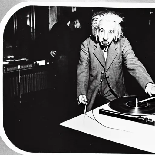 Image similar to color photograph of Albert Einstein DJing a record player at a nightclub, color photograph, color photograph