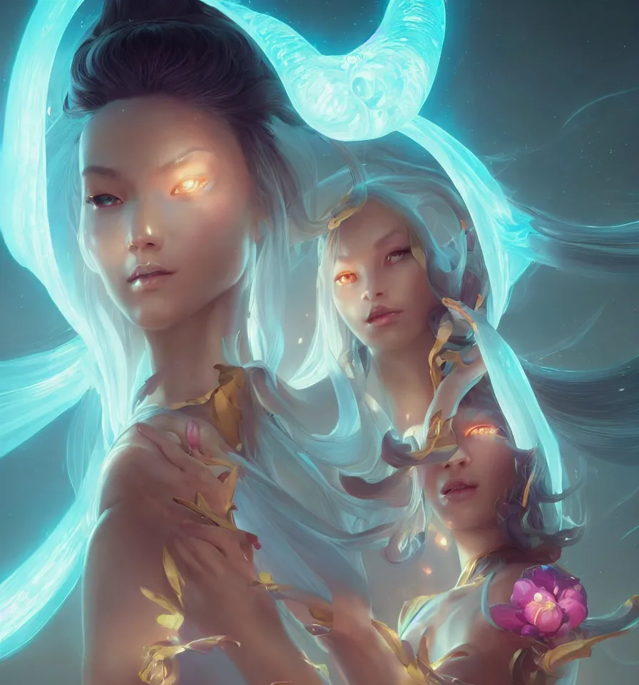 Image similar to beautiful princess in robe. bio luminescent halo around head. artwork by jarold Sng by artgerm, by Eddie Mendoza, by Peter mohrbacher by tooth wu, unreal engine, octane render, cinematic light, high details, iridescent colors, dichroic, macro