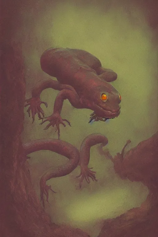 Image similar to rotten salamander,in the style of Beksiński and Patrick J. Jones and Judson Huss,trending on artstation, uncanny lighting first-person view,Dreamworks ,Sabattier filter ,gothic ,tintype photo,oil and canvas ,