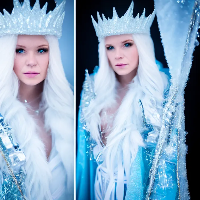 Image similar to professional photograph of a real - life ice queen with ornate robes. extremely detailed. dslr. 5 0 mm 8 k