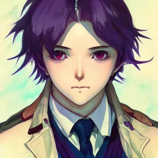 Image similar to small boy with back hair and blue purple eye, school uniform, anime style, hyper detailed, illustration, digital painting, art by artgerm and greg rutkowski and alphonse mucha, high delicate defined details, anime stylized, highly detailed